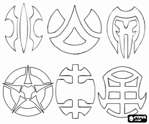 Bakugan Symbols: Aquos, Pyrus, Darkus, Haos, Subterra, Ventus coloring page