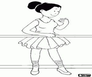 Ballerina practicing with the bar in front of the mirror coloring page