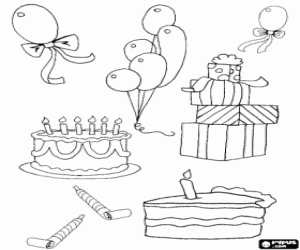 Balloons, gifts, birthday cake with candles coloring page