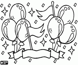 Banner with flags and balloons to celebrate the New Year coloring page