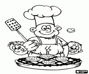Barbecue prepared burgers, cook and diners with a face of hungry coloring page