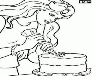 Barbie decorating a birthday cake for Ken coloring page