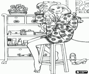 Barbie drying her hair next to the toilet of her bathroom coloring page