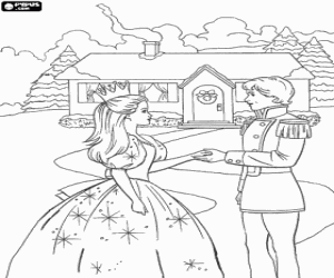 Barbie in an elegant dress and the prince with his militar uniform in front of a home for Christmas coloring page