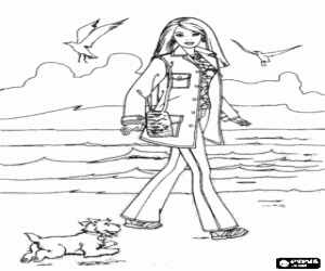 Barbie walking along the beach with his dog coloring page
