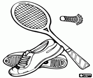 Basic equipment for badminton practice: badminton shoes, racquet and shuttlecock coloring page