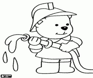 Bear firefighter with a hose pouring water coloring page