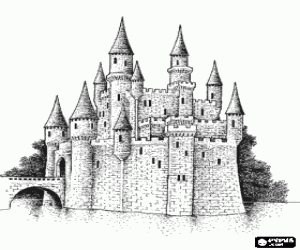 Beautiful castle surrounded by water with its bridge, towers and turrets coloring page