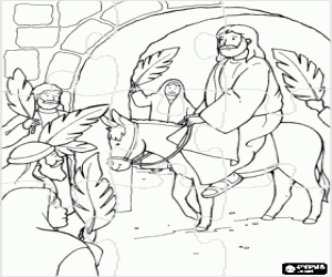 Bible - New Testament puzzle - Palm Sunday - The entry of Jesus into Jerusalem where he is greeted by people with palms and branches coloring page