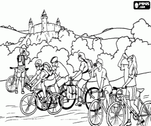 Bicycle tourists in a break in the path near the castle coloring page