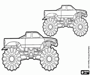 Bigfoot Monster Trucks racing in a competition, pickup trucks with big wheels coloring page
