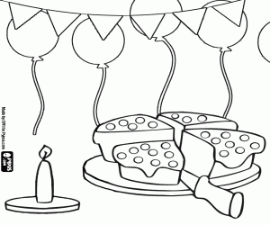 Birthday cake divided into four large pieces and ornaments with a candle, balloons and paper flags coloring page