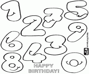 Birthday greeting with soup of smiling numbers from 0 to 9 coloring page
