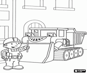 Bob and Muck, the bulldozer, ready to work on a city street coloring page
