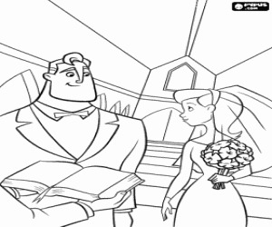 Bob Parr and Helen very happy in the church during their wedding and with elegant dresses coloring page