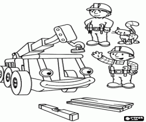 Bob the Builder, Wendy and his cat Pilchard with the crane Lofty in action coloring page