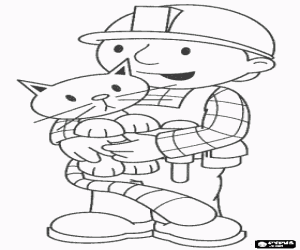 Bob the Builder with his cat Pilchard in his arms coloring page