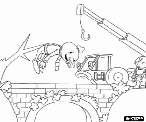 Bob with the help of Lofty the crane from the bridge to rescue Spud the scarecrow that is hanging from a tree coloring page
