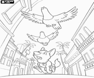 Bolt running with her friends pigeons coloring page