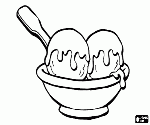 Bowl or cup with two scoops of ice cream with melted chocolate over coloring page