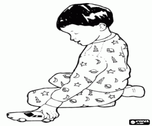 Boy in pajamas or pyjamas playing with a toy small car coloring page