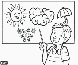 Boy observing in the blackboard the meteo symbols coloring page