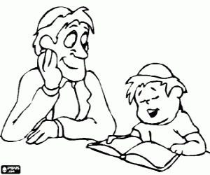 Boy studying with his teacher, both with Kippah, ritual small skullcap coloring page