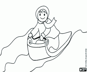 Boy warm with hat and scarf down on a sled coloring page