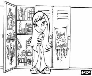 Bratz Girl in front of her locker at the institute with all personal belongings coloring page