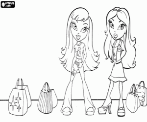 Bratz girls with their spring - summer dresses and with varied handbags coloring page