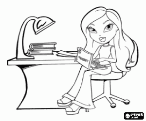 Bratz studying with books and a laptop or personal computer coloring page