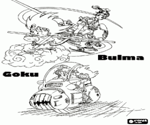 Bulma in search of the Dragon Balls with the help of her technological vehicles and Goku coloring page