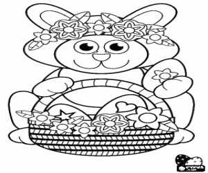 Bunny with adornments and a basket of Easter eggs coloring page