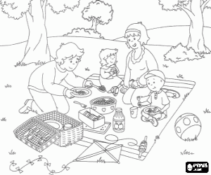 Caillou and his family having a picnic in the countryside coloring page