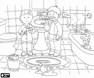 Caillou and his friend Leo brushing their teeth in the bathroom coloring page