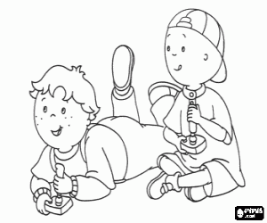 Caillou and Leo playing a video game coloring page