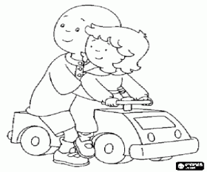 Caillou mounted in a small toy car along with his sister Rosie coloring page