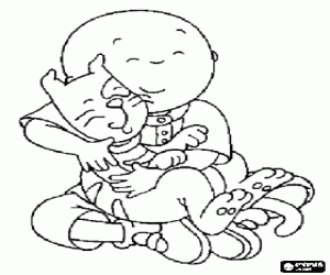 Caillou sitting on the floor and hugging his cat Gilbert coloring page