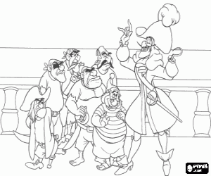 Captain Hook and his pirates on the deck of their boat coloring page