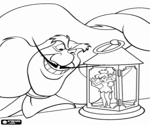 Captain Hook contemplating his prisoner, the fairy Tinkerbell coloring page