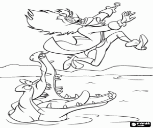 Captain Hook trying to escape from the jaws of the hungry crocodile coloring page