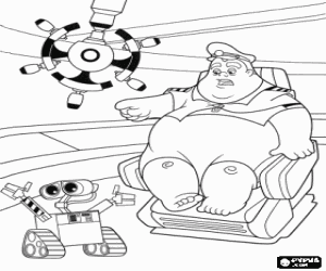 Captain McCrea, commander of the Axiom, Auto and Wall-e in the interior of the spacecraft coloring page