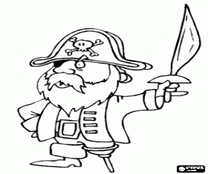 Captain pirate with the wooden leg and eye covered with a machete in high coloring page