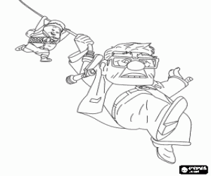 Carl and Russell flying through the sky  taken hold to the cable that hangs of  the flying house  coloring page