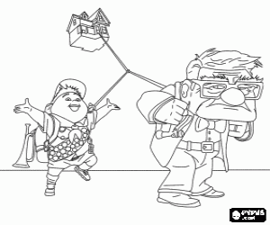 Carl and Russell loading by foot with the flying house in their trip towards the wild territories coloring page