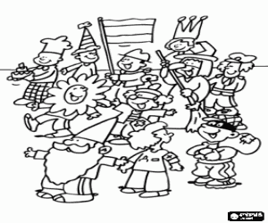 Carnival parade with people in costume on the street coloring page
