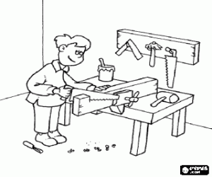Carpenter working in his shop with the saw coloring page
