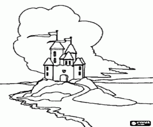 Castle on a hill with flags flying high in the towers coloring page