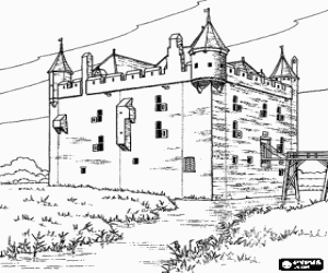 Castle or fortified tower surrounded by a river and with access by a drawbridge coloring page