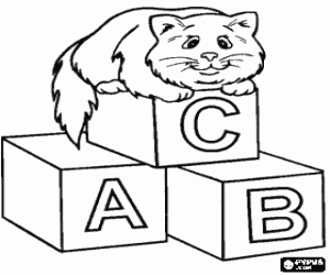 Cat resting upon blocks with letters coloring page